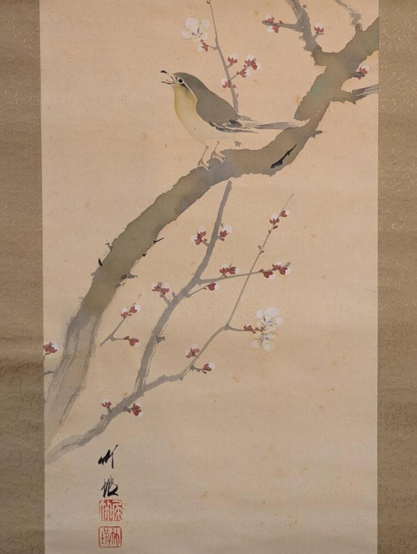 【真作】掛軸　尾竹竹坡　梅に小鳥図　早春花鳥の趣　合箱入　V142